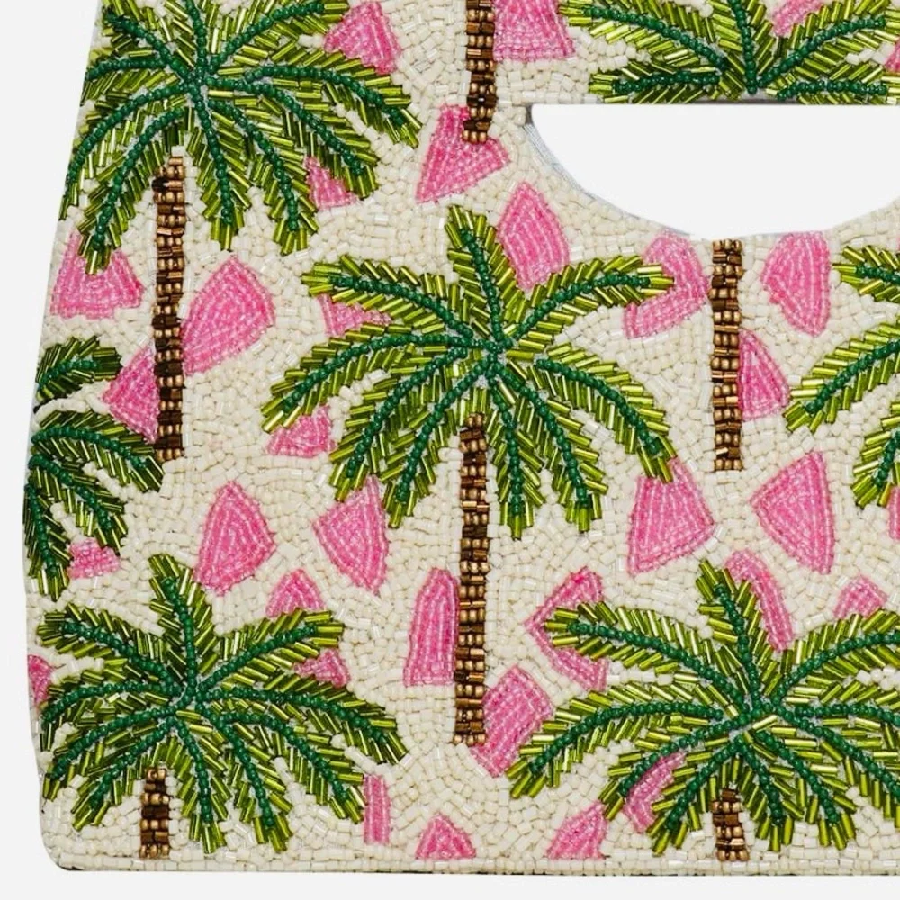 Palm Tree Beaded Clutch with Pink Accents
